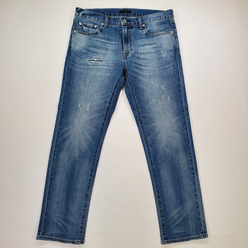 Uniqlo Jeans Mens 33x29 Blue Lightweight Kaihara Denim Slim Straight Distressed